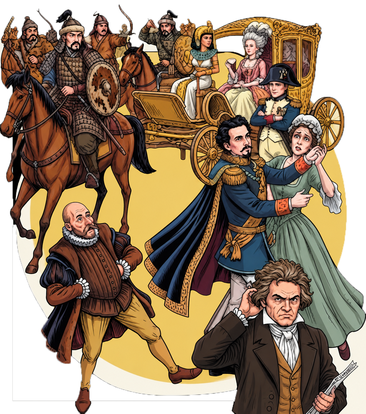 Illustrated historical scenes from different eras